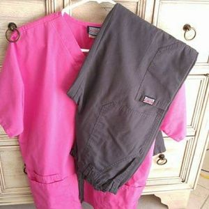 Pink top with grey bottoms, size small scrubs